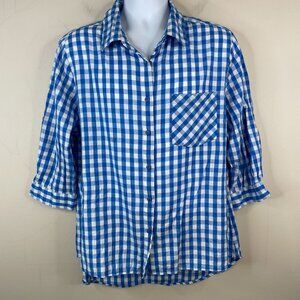 Life Style Gingham Button Up Top 1X Blue Country Check Crisp Casual Tunic VTG